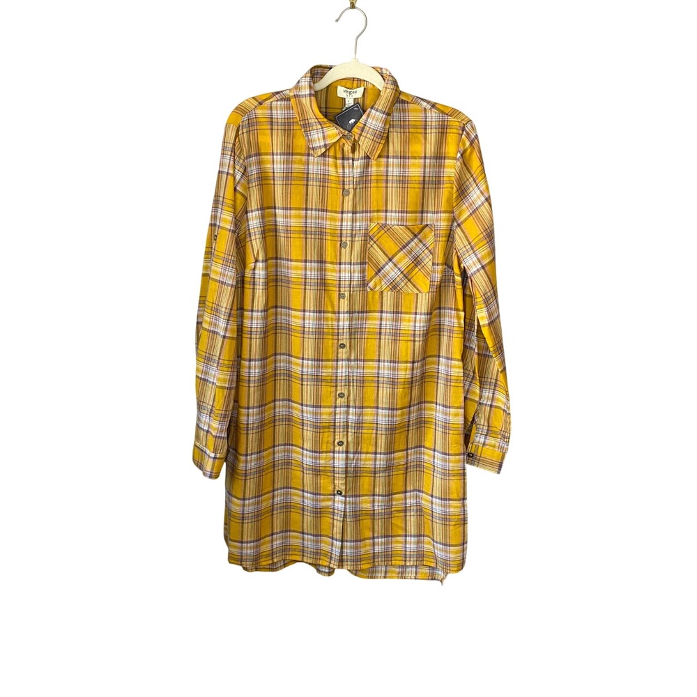 Umgee USA Mustard Yellow Plaid Roll Tab Long Sleeve Tunic Shirt Women Large NEW